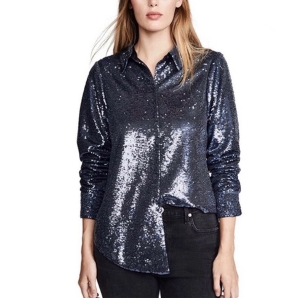 Cinq A Sept Isha Onyx Blue Sequin Button Down Shirt Women’s Size P Medium Luxury